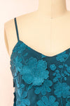 Liliane Teal Short Mesh Dress w/ Floral Appliqués | Boutique 1861 front close-up