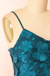 Liliane Teal Short Mesh Dress w/ Floral Appliqués | Boutique 1861 side close-up