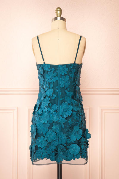 Liliane Teal Short Mesh Dress w/ Floral Appliqués | Boutique 1861 back view