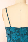 Liliane Teal Short Mesh Dress w/ Floral Appliqués | Boutique 1861 back close-up