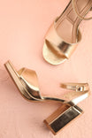 Lillis Gold Metallic Platform Block Heel Sandals | Boutique 1861 flat lay