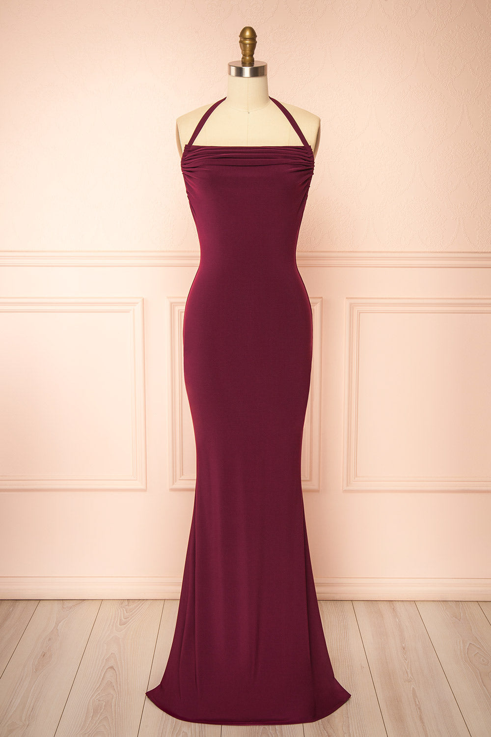 Lindy Burgundy Fitted Open Back Maxi Dress with Versatile Neckline | Boutique 1861 front view