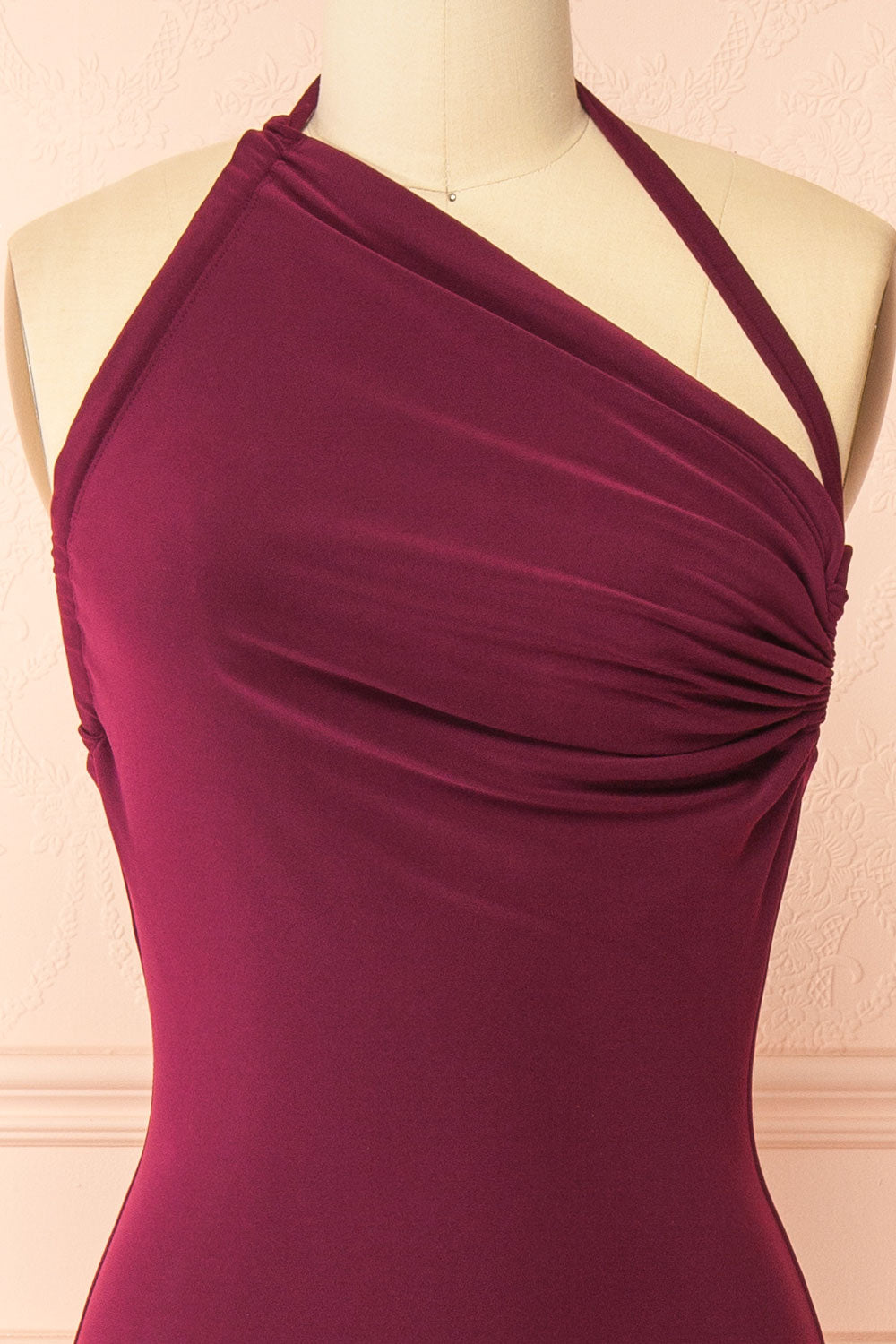 Lindy Burgundy Fitted Open Back Maxi Dress with Versatile Neckline | Boutique 1861 cross