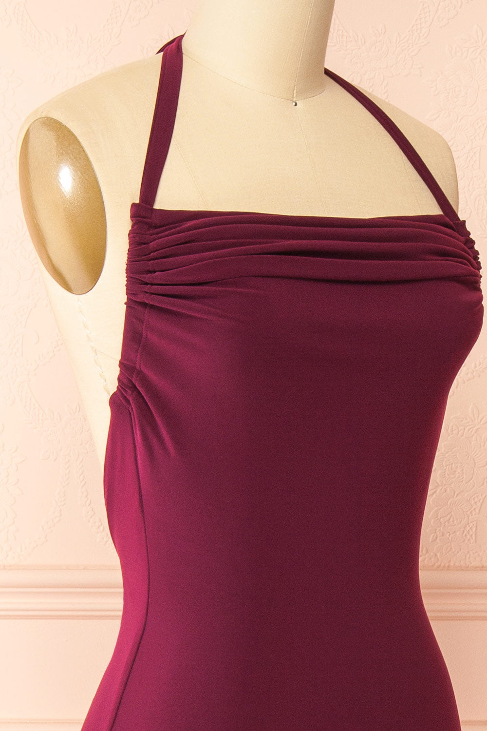 Lindy Burgundy Fitted Open Back Maxi Dress with Versatile Neckline | Boutique 1861 side