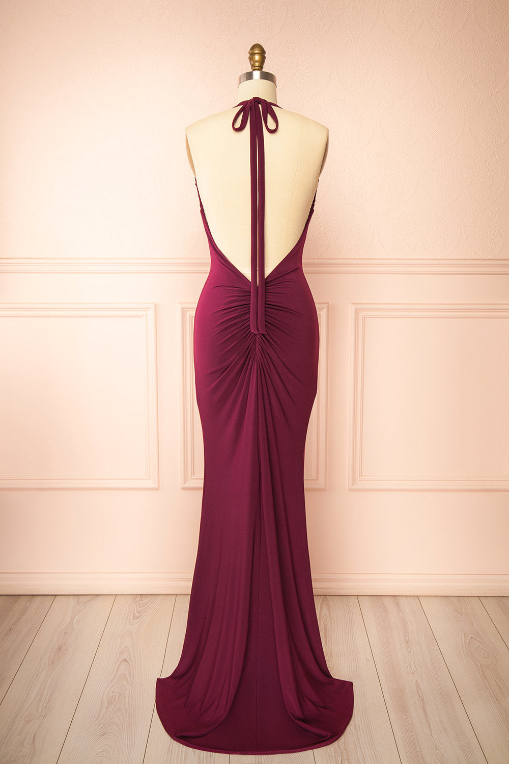 Lindy Burgundy Fitted Open Back Maxi Dress with Versatile Neckline | Boutique 1861 back view