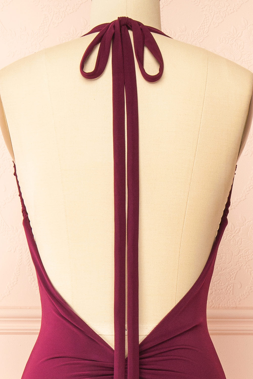 Lindy Burgundy Fitted Open Back Maxi Dress with Versatile Neckline | Boutique 1861 back