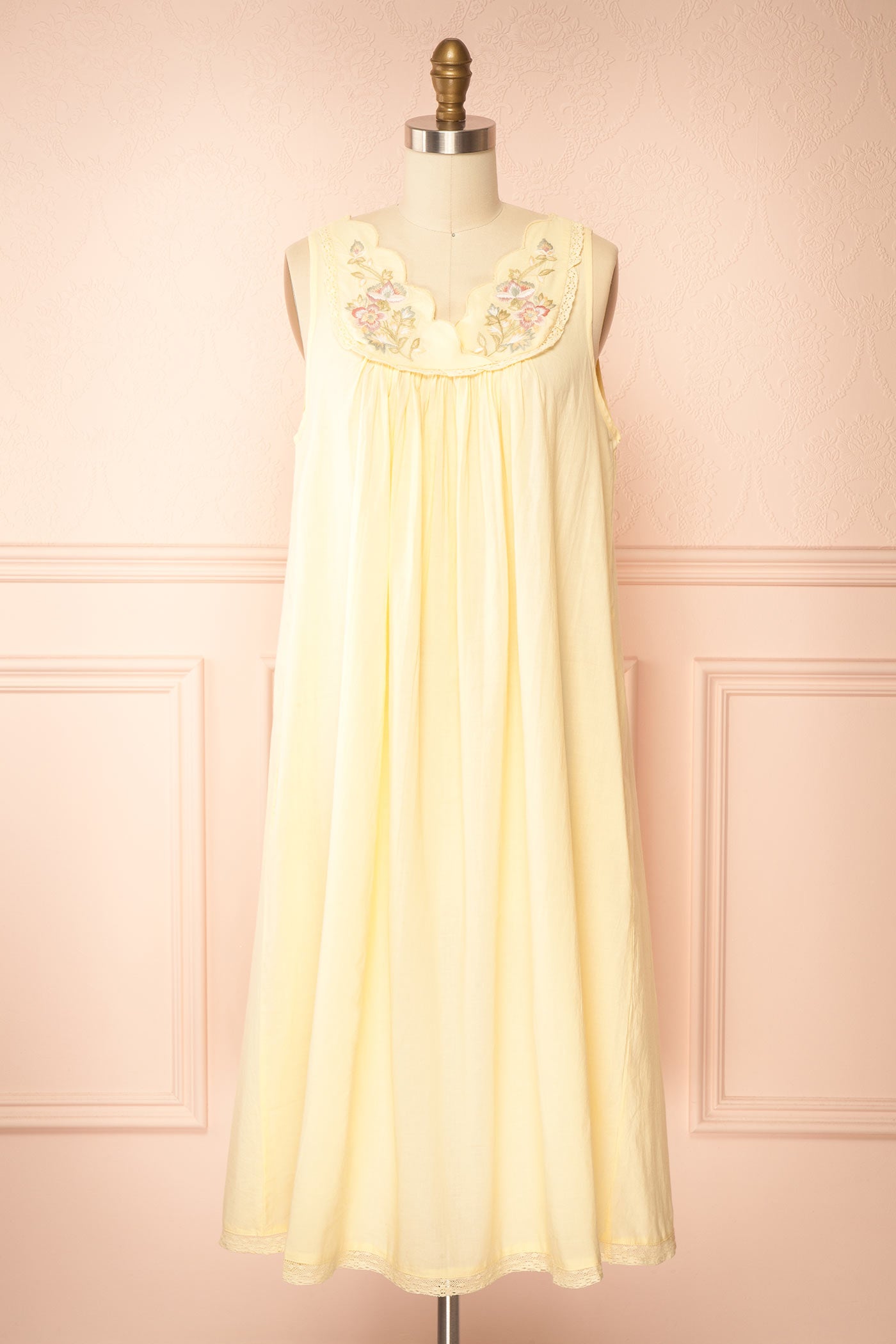 Liore | Yellow Embroidered Floral Trim Cotton Midi Nightgown