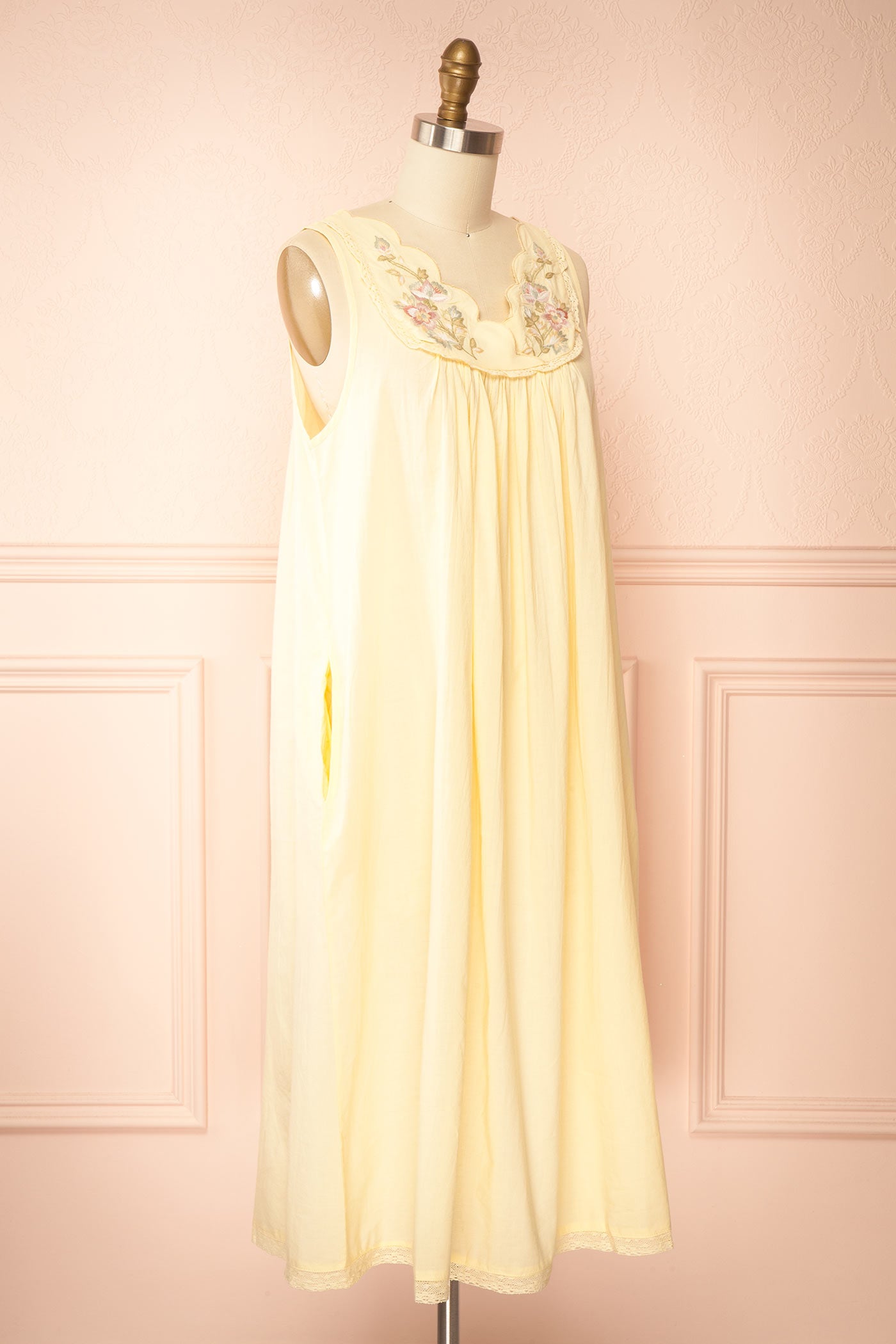 Liore | Yellow Embroidered Floral Trim Cotton Midi Nightgown