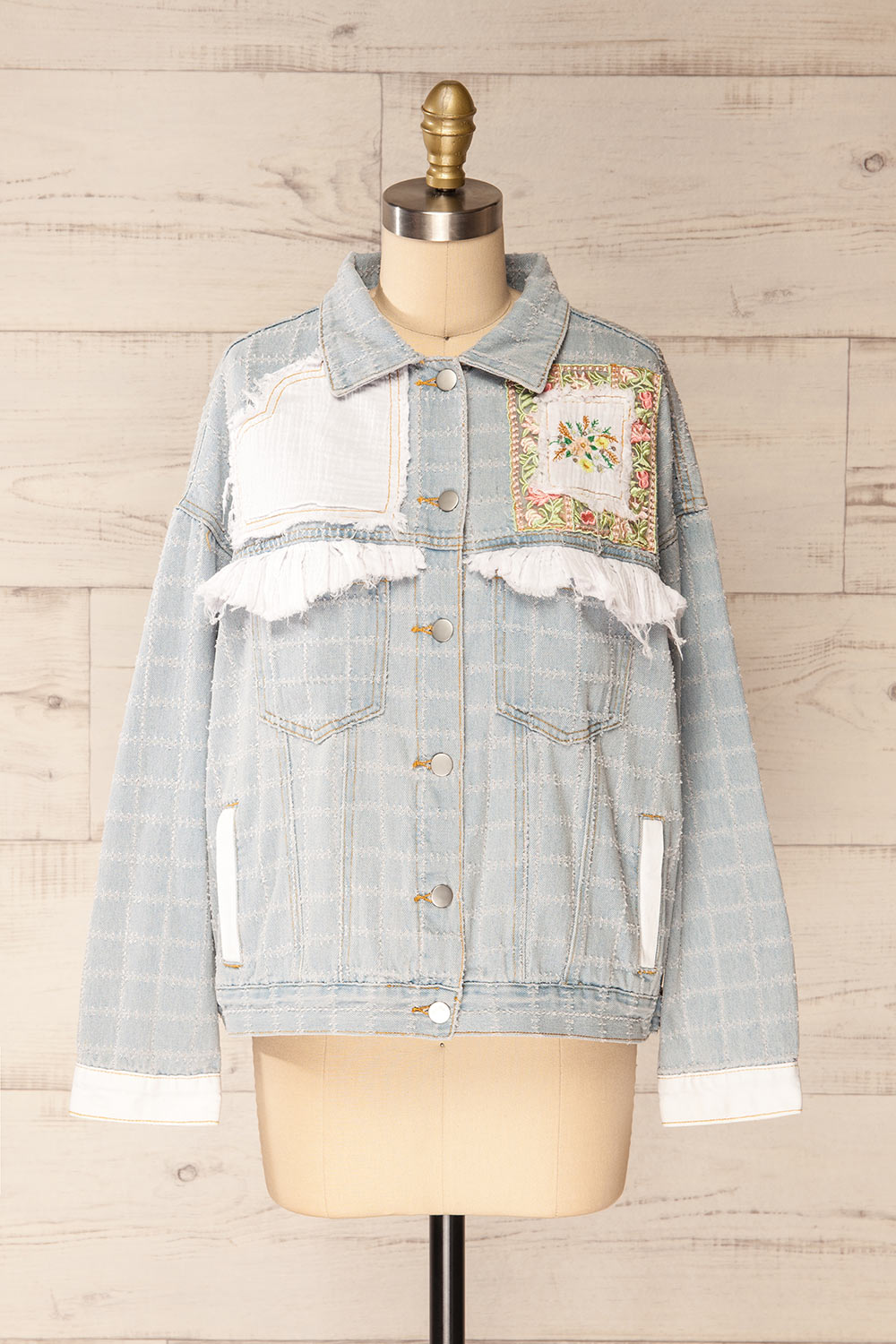 Lisbon Blue Oversized Denim Jacket w/ Embroidery | La petite garçonne front view