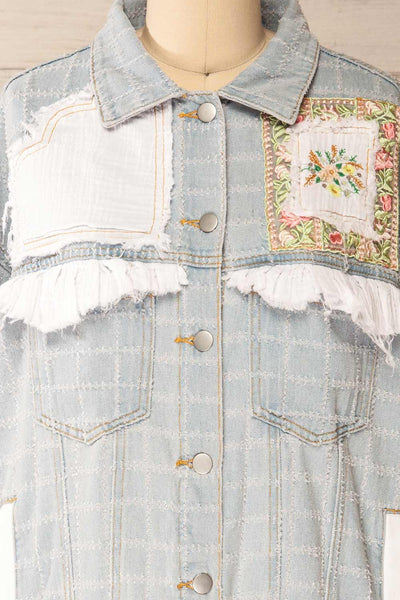 Lisbon Blue Oversized Denim Jacket w/ Embroidery | La petite garçonne front close-up