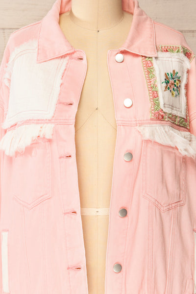 Lisbon Pink Oversized Denim Jacket w/ Embroidery | La petite garçonne open close-up