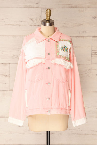 Lisbon Pink Oversized Denim Jacket w/ Embroidery | La petite garçonne  front view