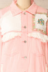 Lisbon Pink Oversized Denim Jacket w/ Embroidery | La petite garçonne front close-up