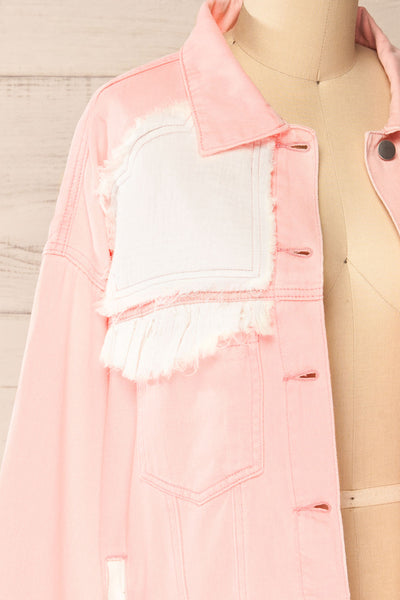 Lisbon Pink Oversized Denim Jacket w/ Embroidery | La petite garçonne  side close-up