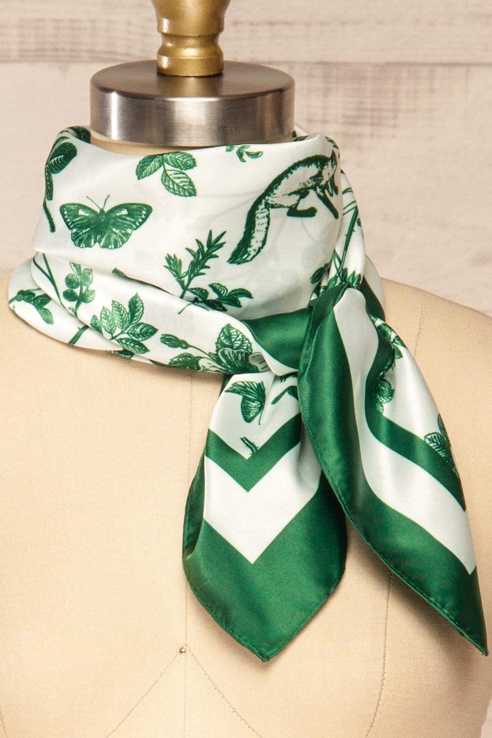 Lisieux Green Satin Scarf w/ Forest Print | La petite garçonne tied close-up