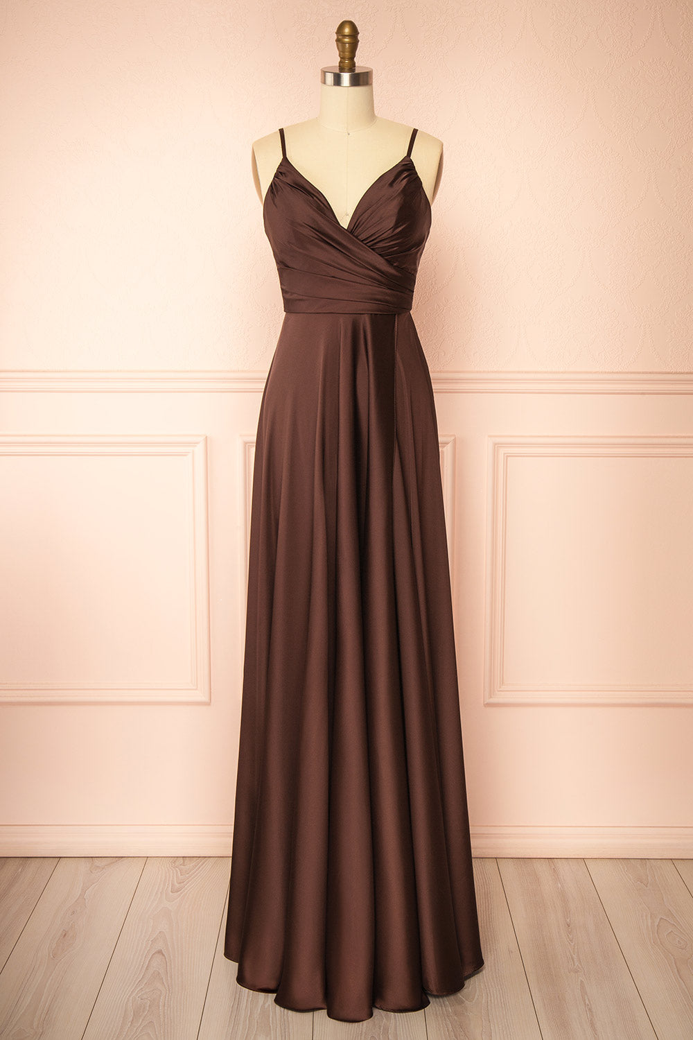 Lizza Brown Satin Maxi Dress with Slit | Boutique 1861 front view