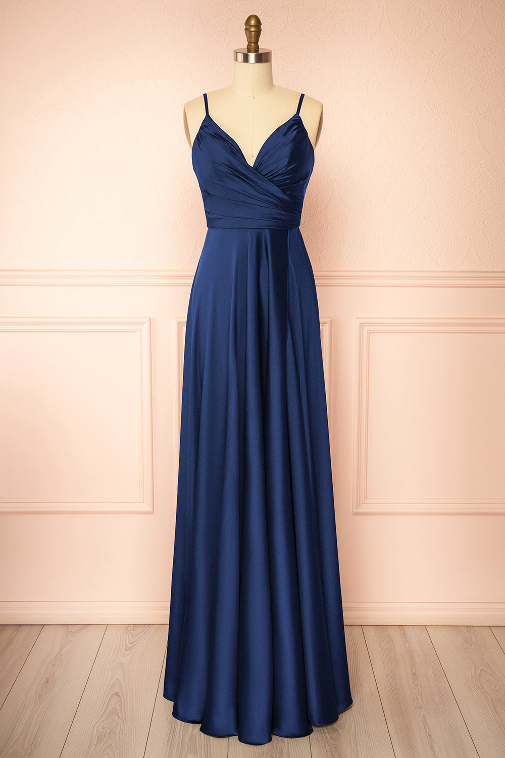 Lizza Navy Satin Maxi Dress with Slit | Boudoir 1861 front view