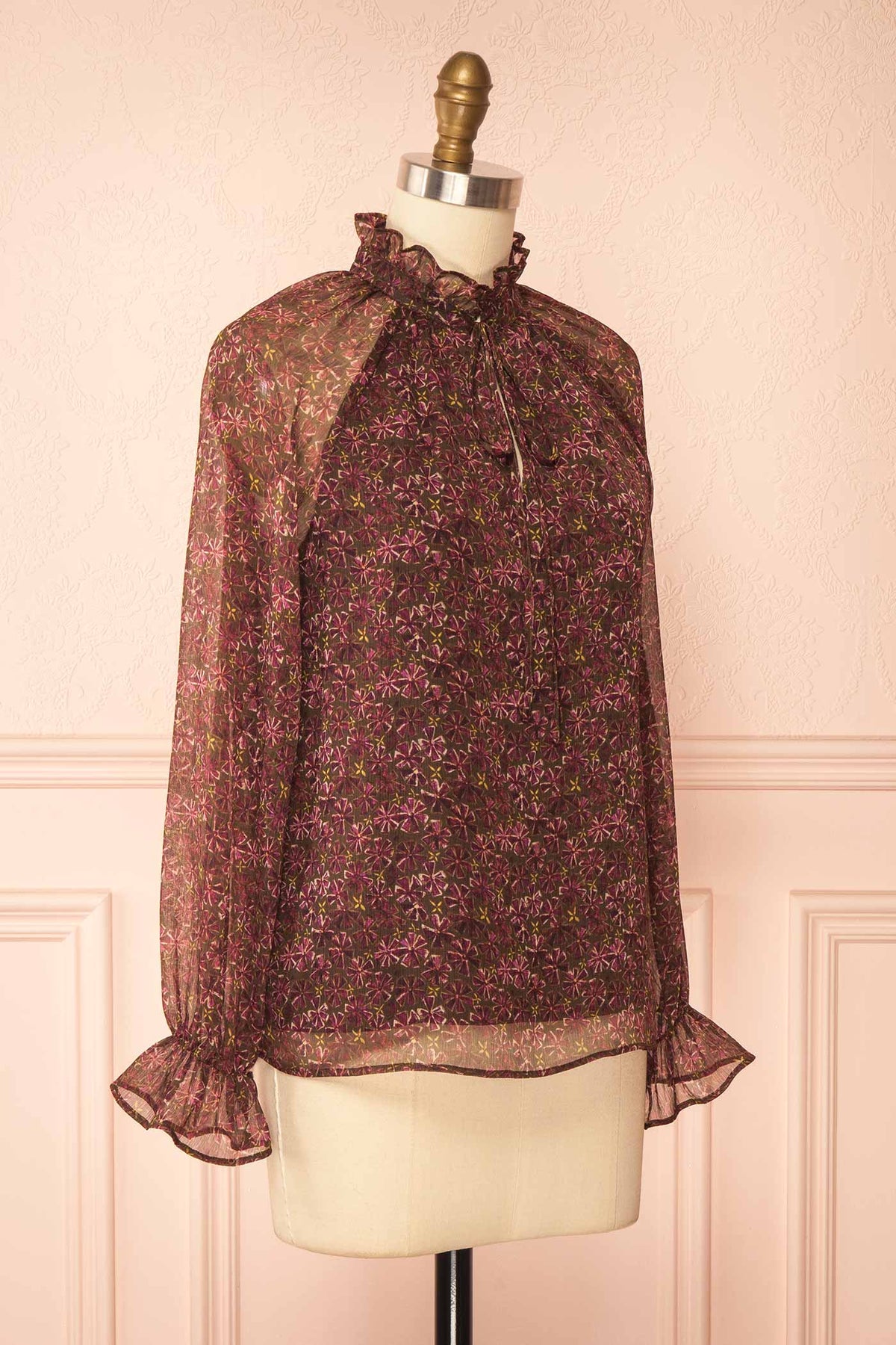 side view of Lockne Floral Sheer Blouse with Lined Body and Ruffled Collar at Boutique 1861