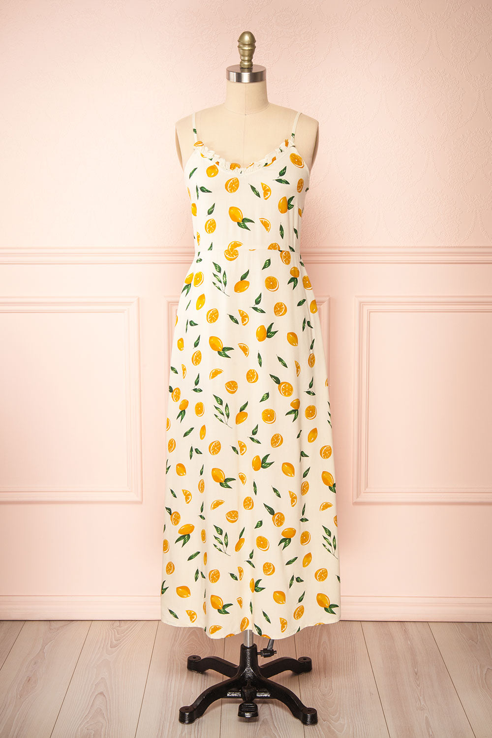 Loranda Beige Colourful Maxi Dress w/ Ruffles | Boutique 1861 front view