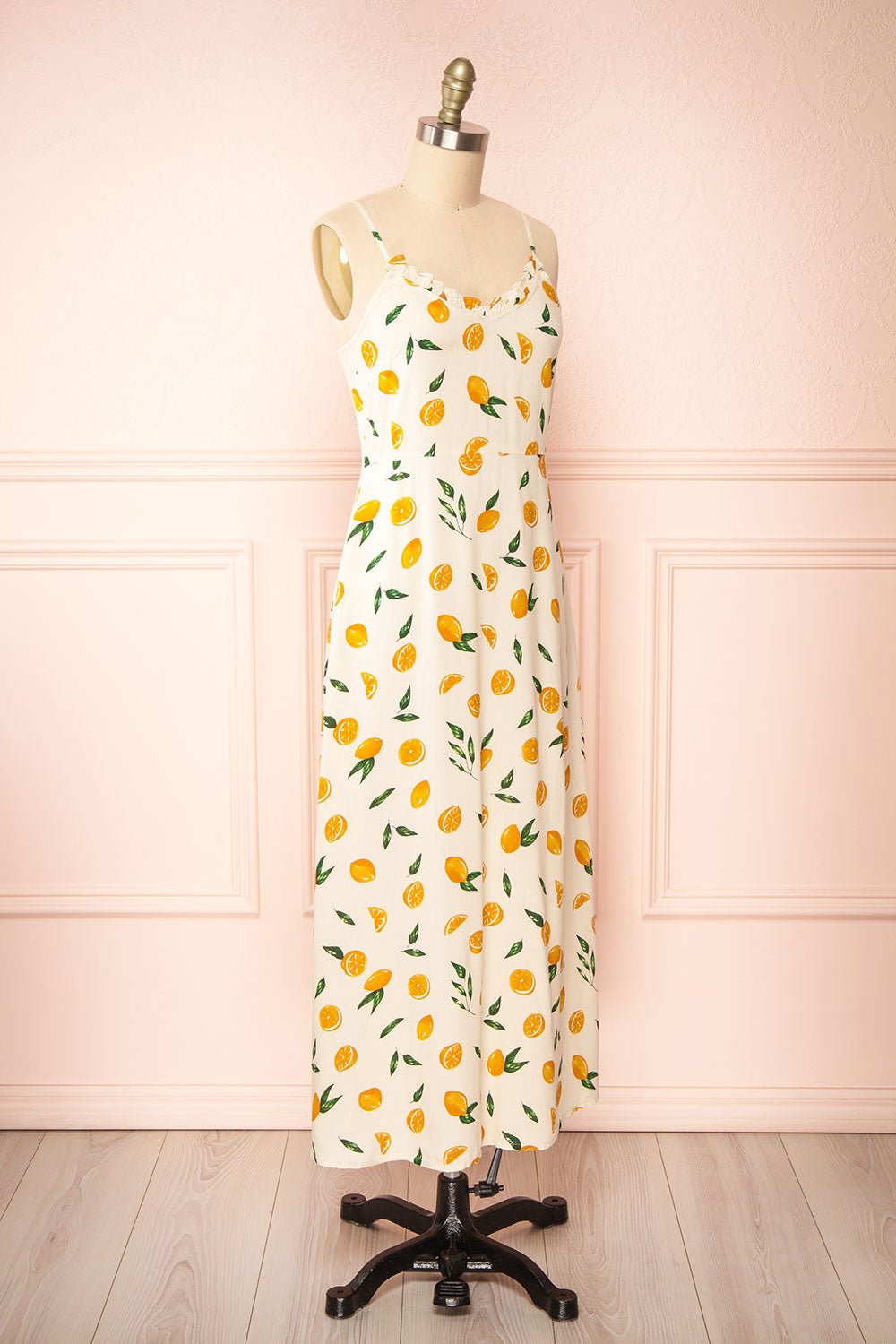 Loranda Beige Colourful Maxi Dress w/ Ruffles | Boutique 1861  side view 