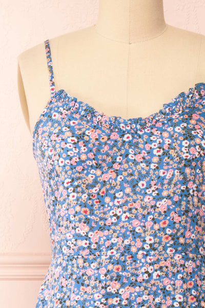 Loranda Blue Colourful Maxi Dress w/ Ruffles | Boutique 1861  front close-up
