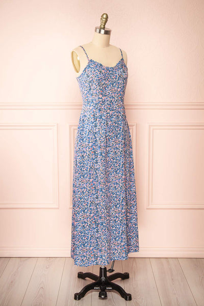 Loranda Blue Colourful Maxi Dress w/ Ruffles | Boutique 1861  side view
