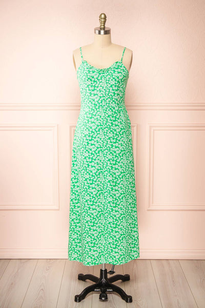 Loranda Green Colourful Maxi Dress w/ Ruffles | Boutique 1861 front view