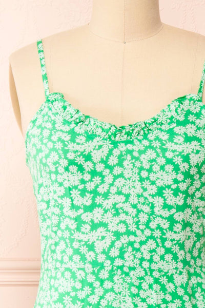 Loranda Green Colourful Maxi Dress w/ Ruffles | Boutique 1861  front close-up