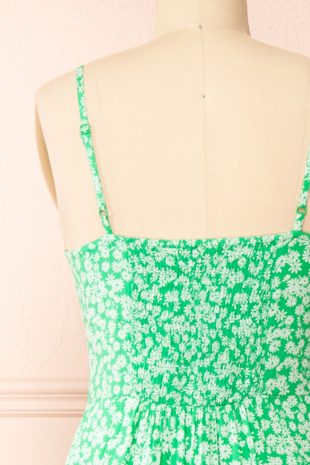 Loranda Green Colourful Maxi Dress w/ Ruffles | Boutique 1861  back close-up