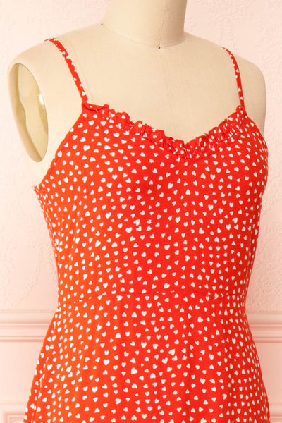 Loranda Red Heart Print Midi Dress w/ Ruffles | Boutique 1861 side close-up