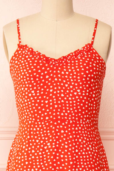 Loranda Red Heart Print Midi Dress w/ Ruffles | Boutique 1861 front close-up