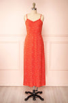 Loranda Red Heart Print Midi Dress w/ Ruffles | Boutique 1861 front view