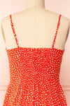 Loranda Red Heart Print Midi Dress w/ Ruffles | Boutique 1861 back close-up