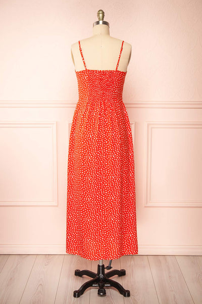 Loranda Red Heart Print Midi Dress w/ Ruffles | Boutique 1861 back view