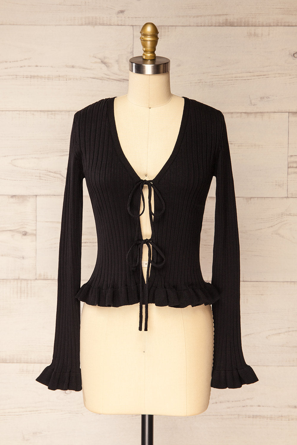 Lortona Black Ribbed Knit Cardigan with Front Tie and Frill Details | La petite garçonne