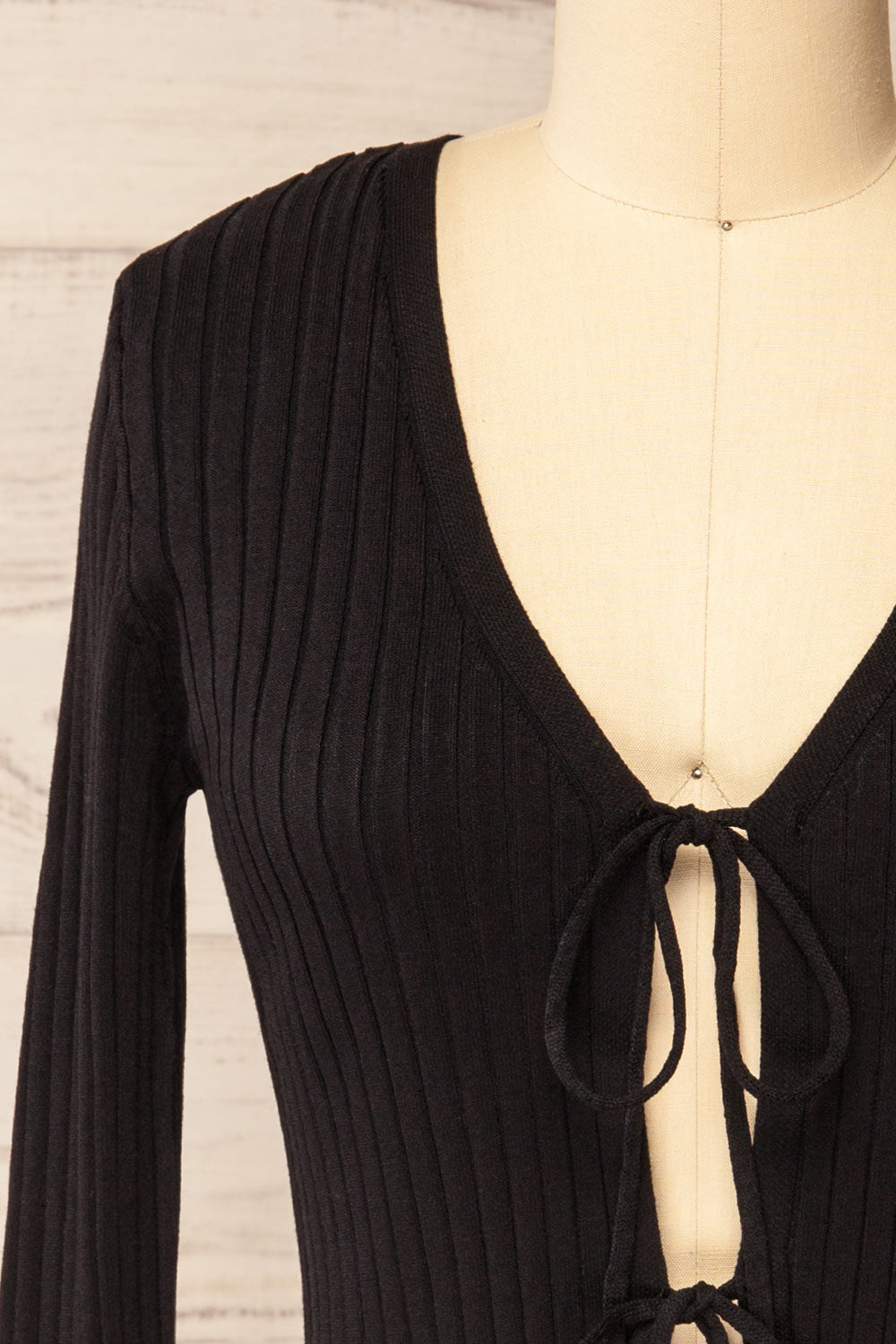Lortona Black Ribbed Knit Cardigan with Front Tie and Frill Details | La petite garçonne front 