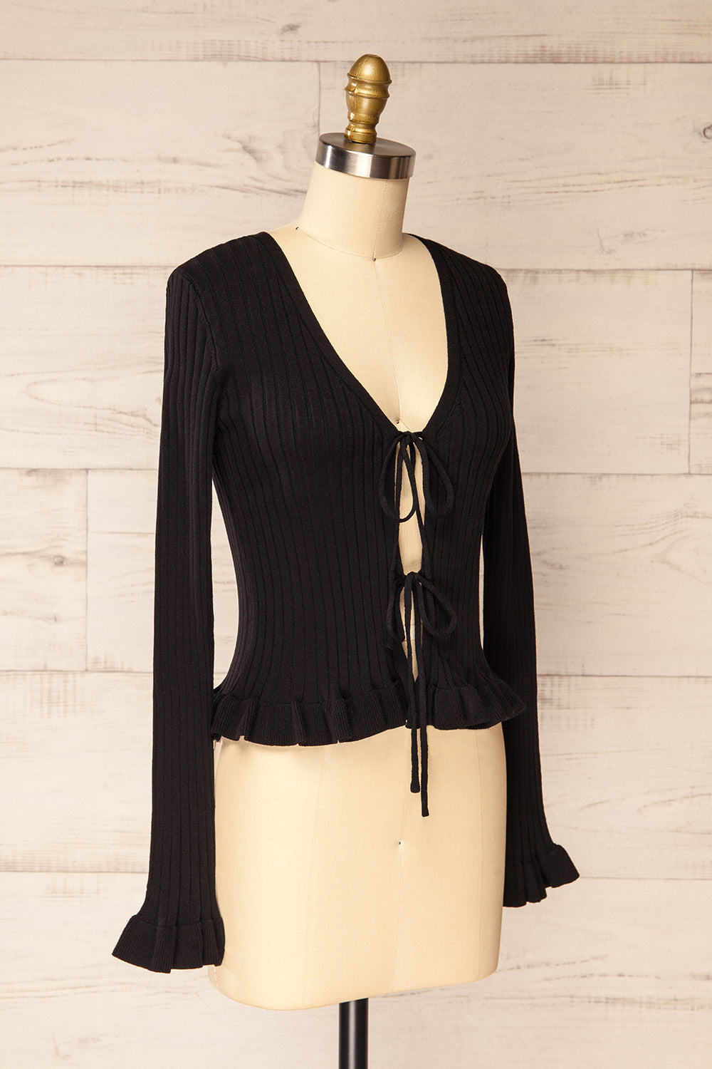 Lortona Black Ribbed Knit Cardigan with Front Tie and Frill Details | La petite garçonne side view