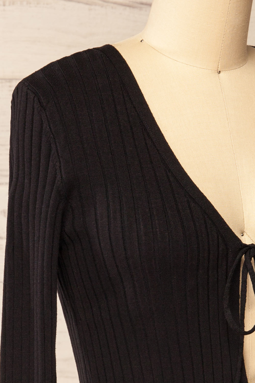 Lortona Black Ribbed Knit Cardigan with Front Tie and Frill Details | La petite garçonne side