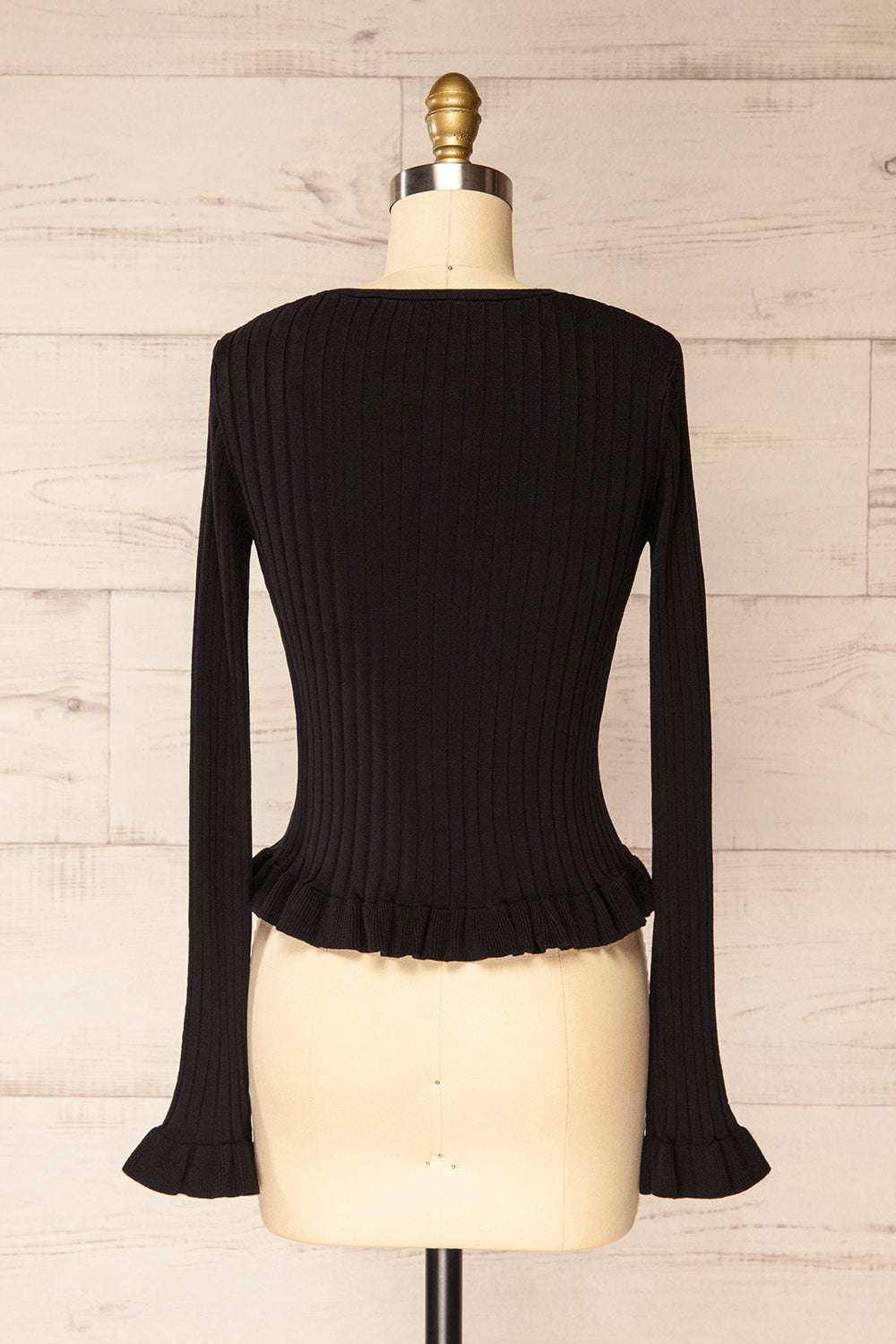 Lortona Black Ribbed Knit Cardigan with Front Tie and Frill Details | La petite garçonne back view
