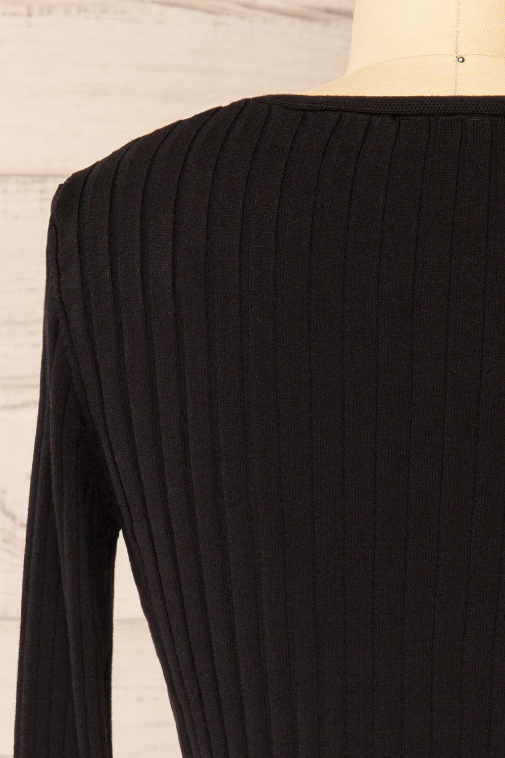 Lortona Black Ribbed Knit Cardigan with Front Tie and Frill Details | La petite garçonne back