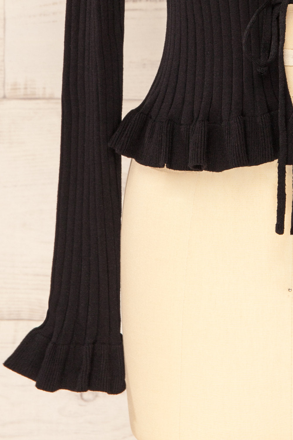 Lortona Black Ribbed Knit Cardigan with Front Tie and Frill Details | La petite garçonne sleeve
