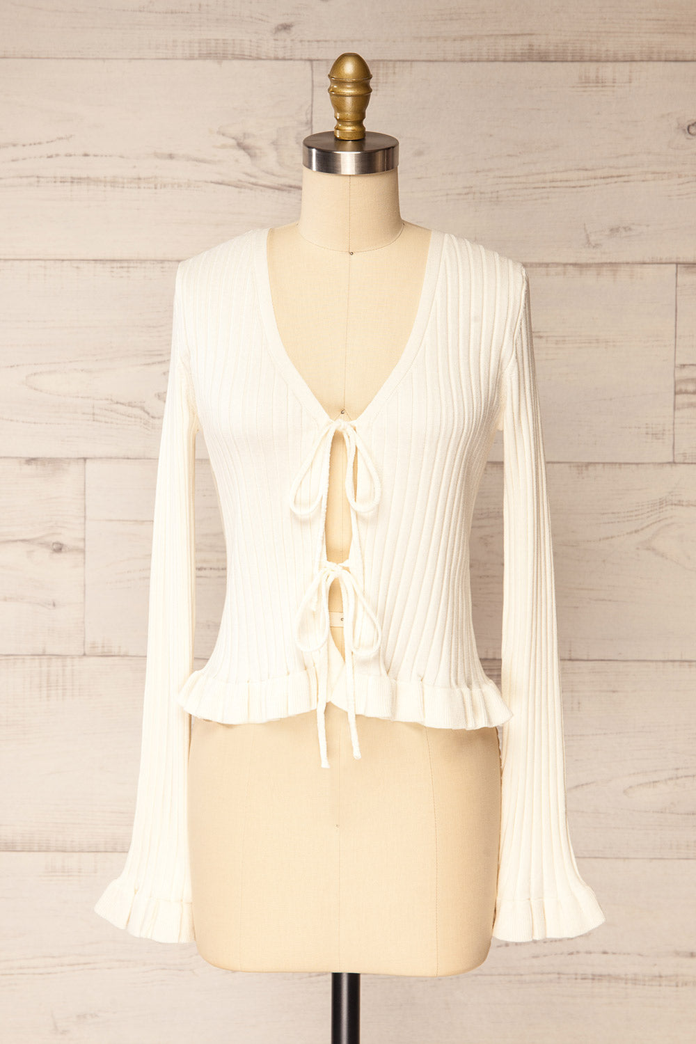 Lortona Ivory Ribbed Knit Cardigan with Front Tie and Frill Details | La petite garçonne front view