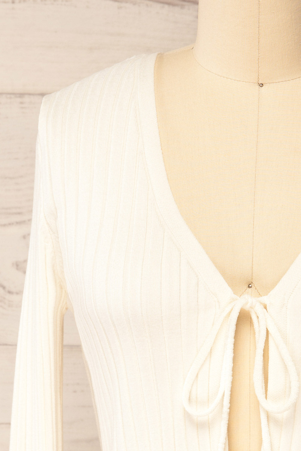 Lortona Ivory Ribbed Knit Cardigan with Front Tie and Frill Details | La petite garçonne front 