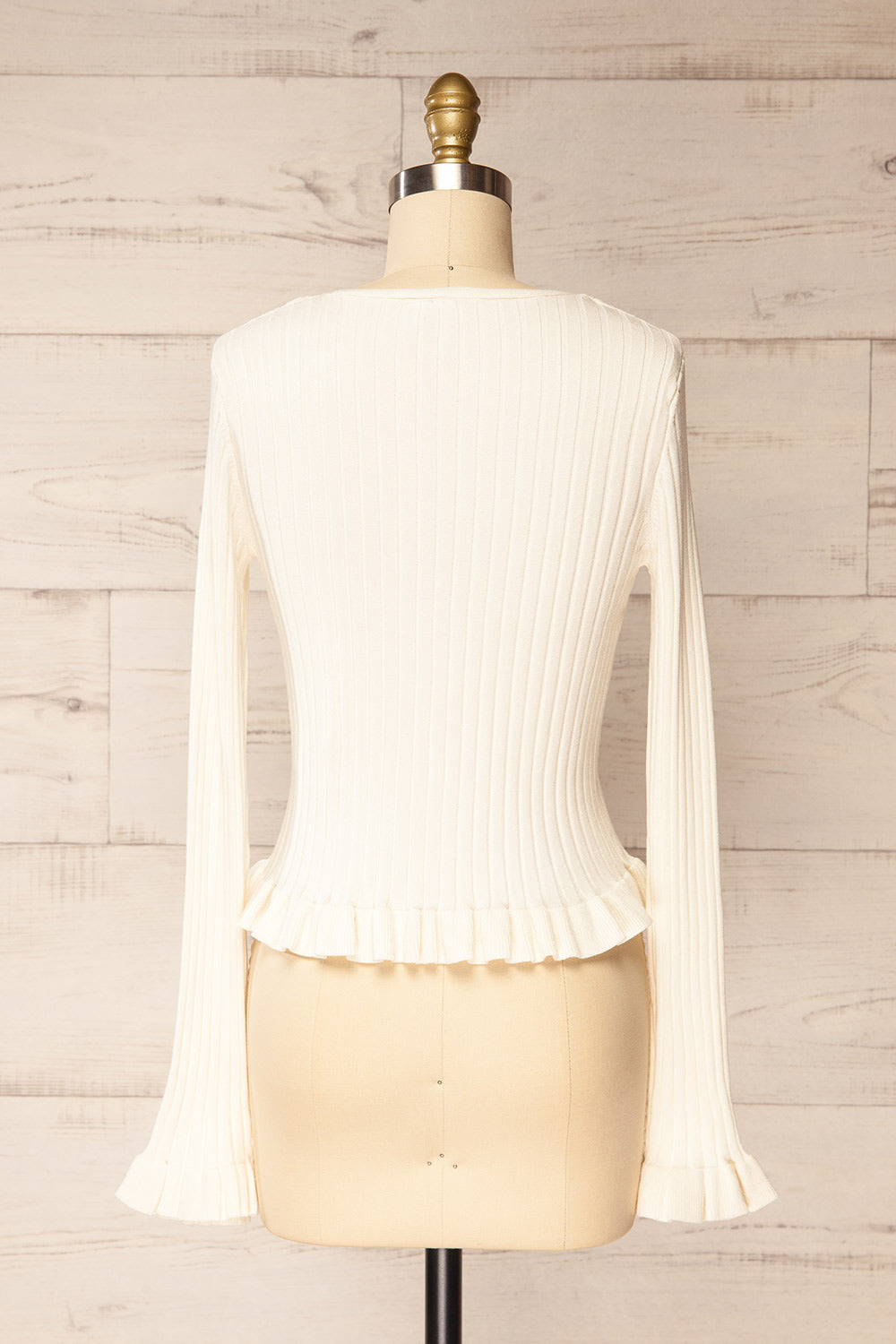 Lortona Ivory Ribbed Knit Cardigan with Front Tie and Frill Details | La petite garçonne back view