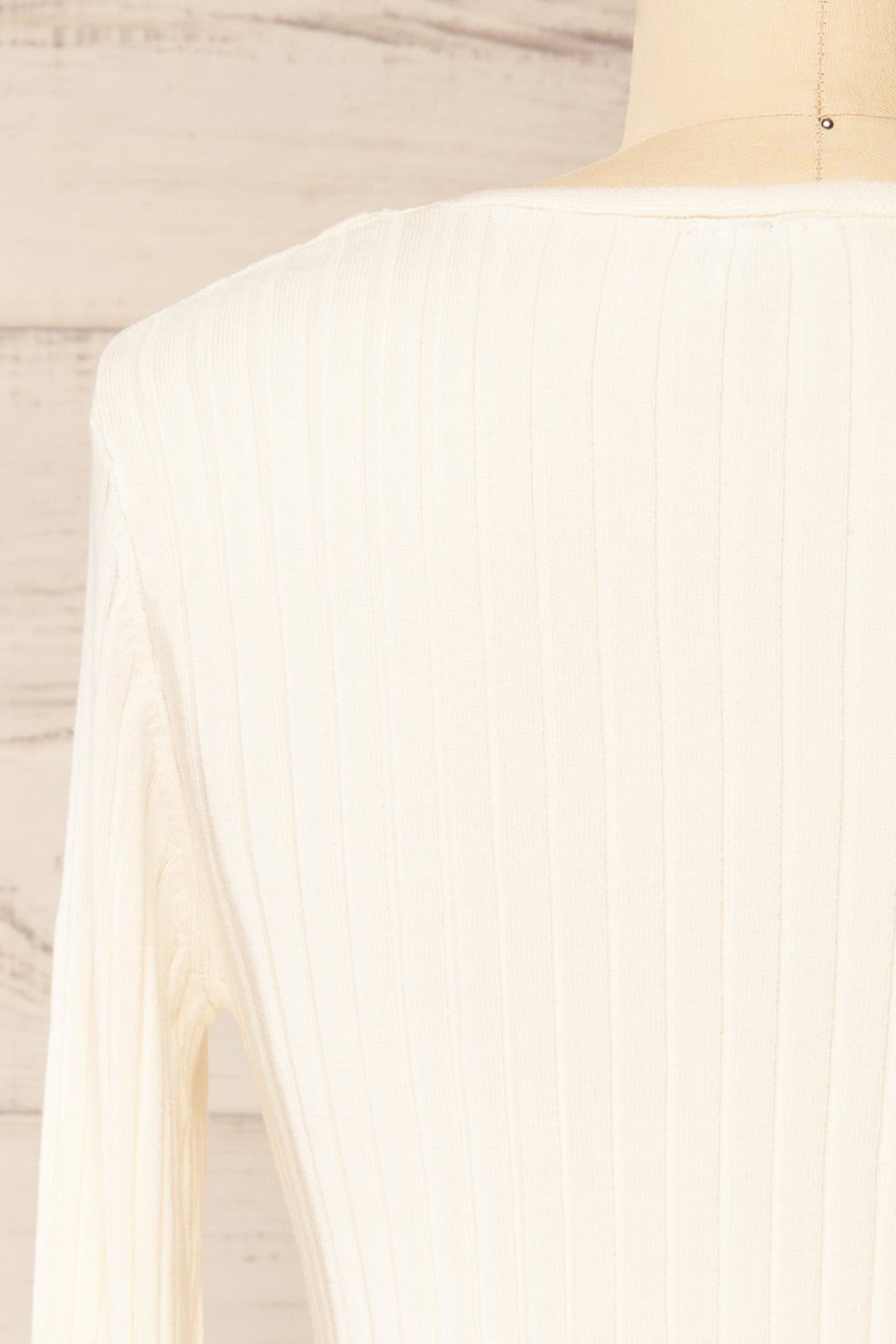 Lortona Ivory Ribbed Knit Cardigan with Front Tie and Frill Details | La petite garçonne back