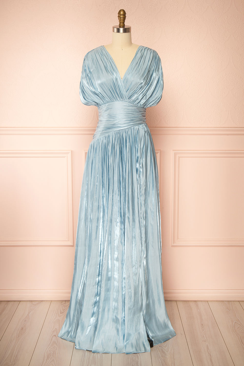 Louela Pleated Blue Maxi Dress with High Slit | Boutique 1861 front view