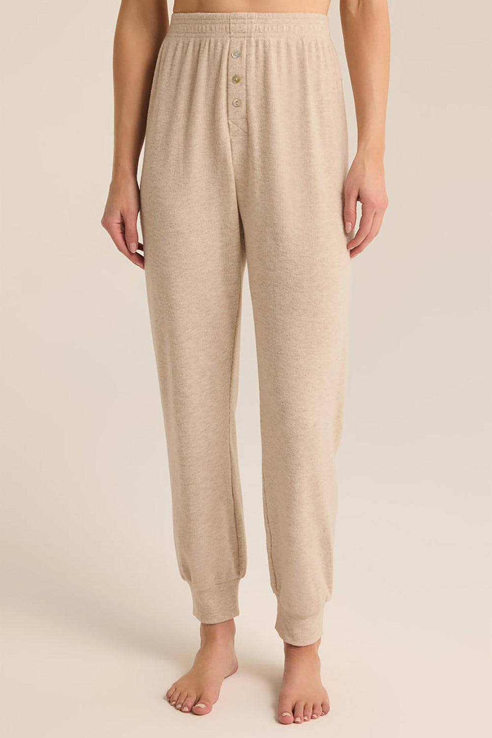 Louisa Beige Ribbed Pyjama Jogger Pants | La petite garçonne model