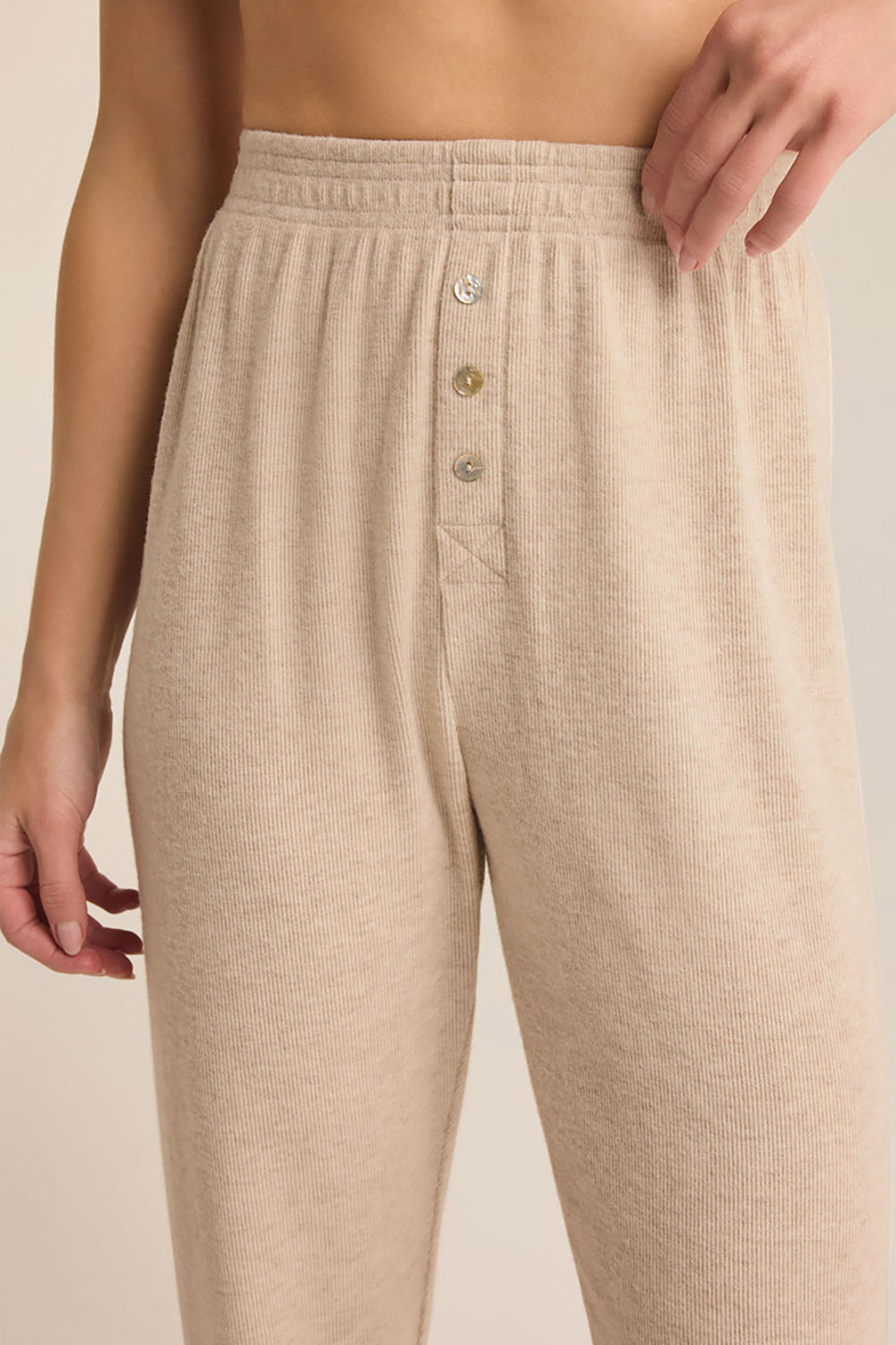 Louisa Beige Ribbed Pyjama Jogger Pants | La petite garçonne model close-up