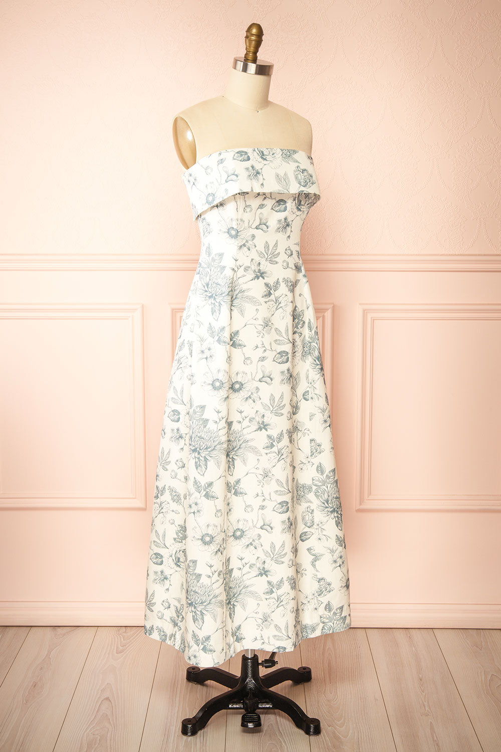 Louna Blue Strapless Floral Faux Linen Dress | Boutique 1861 side view