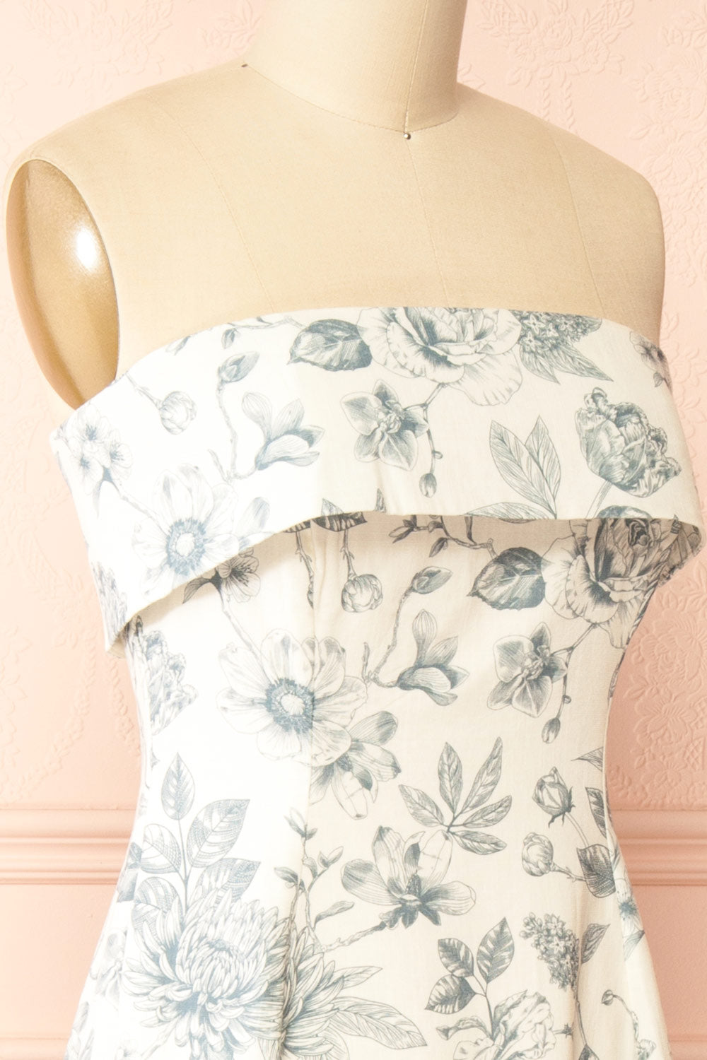 Louna Blue Strapless Floral Faux Linen Dress | Boutique 1861 side